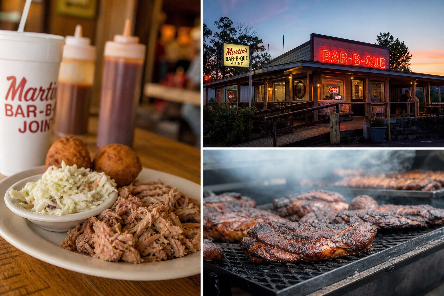 North Carolina BBQ restaurant with pulled pork, coleslaw and hush puppies on rustic wooden table